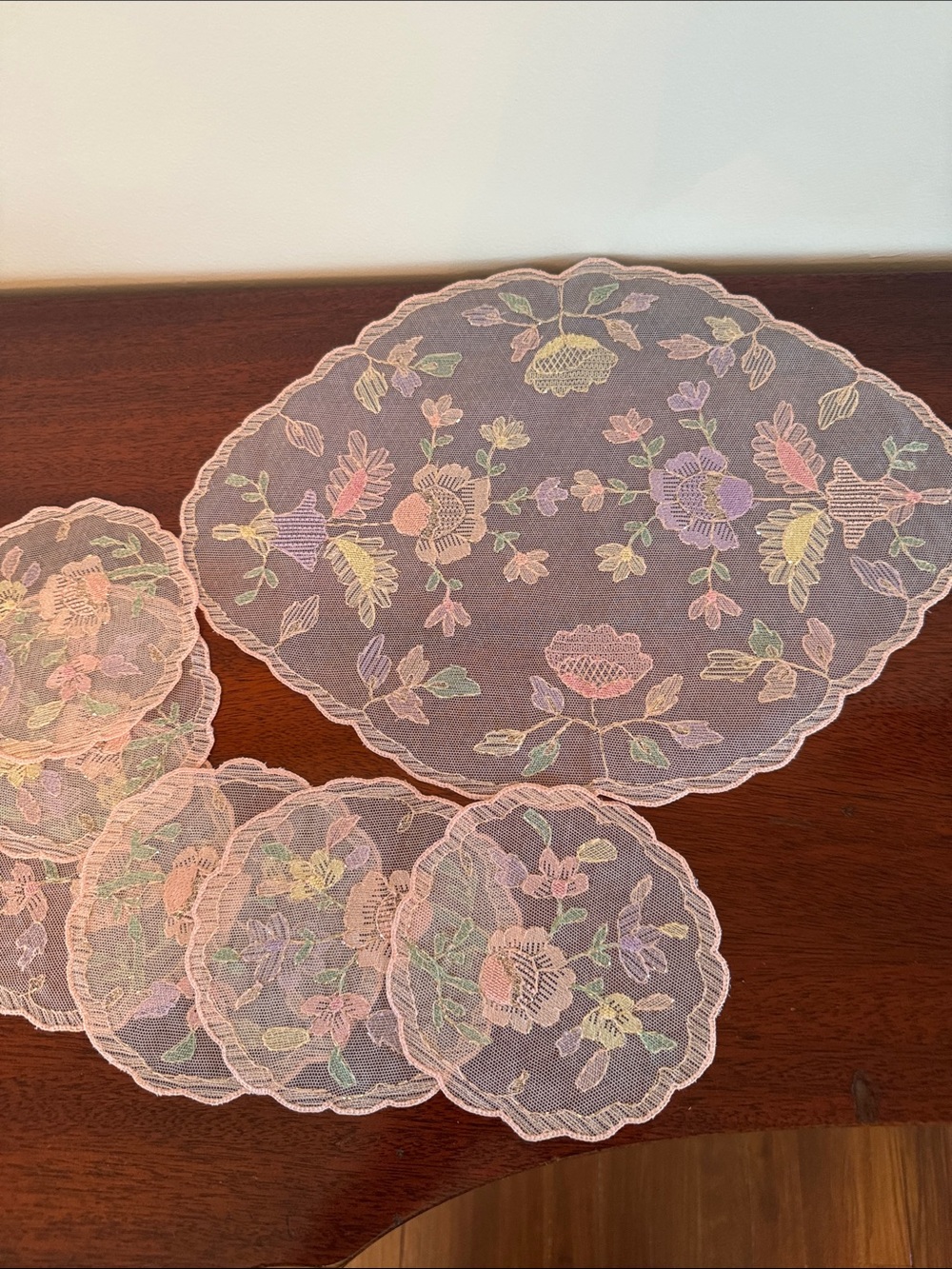 Vintage Pink Floral Embroidered Lace Table Doilies - Set of 7 for Home Dining
